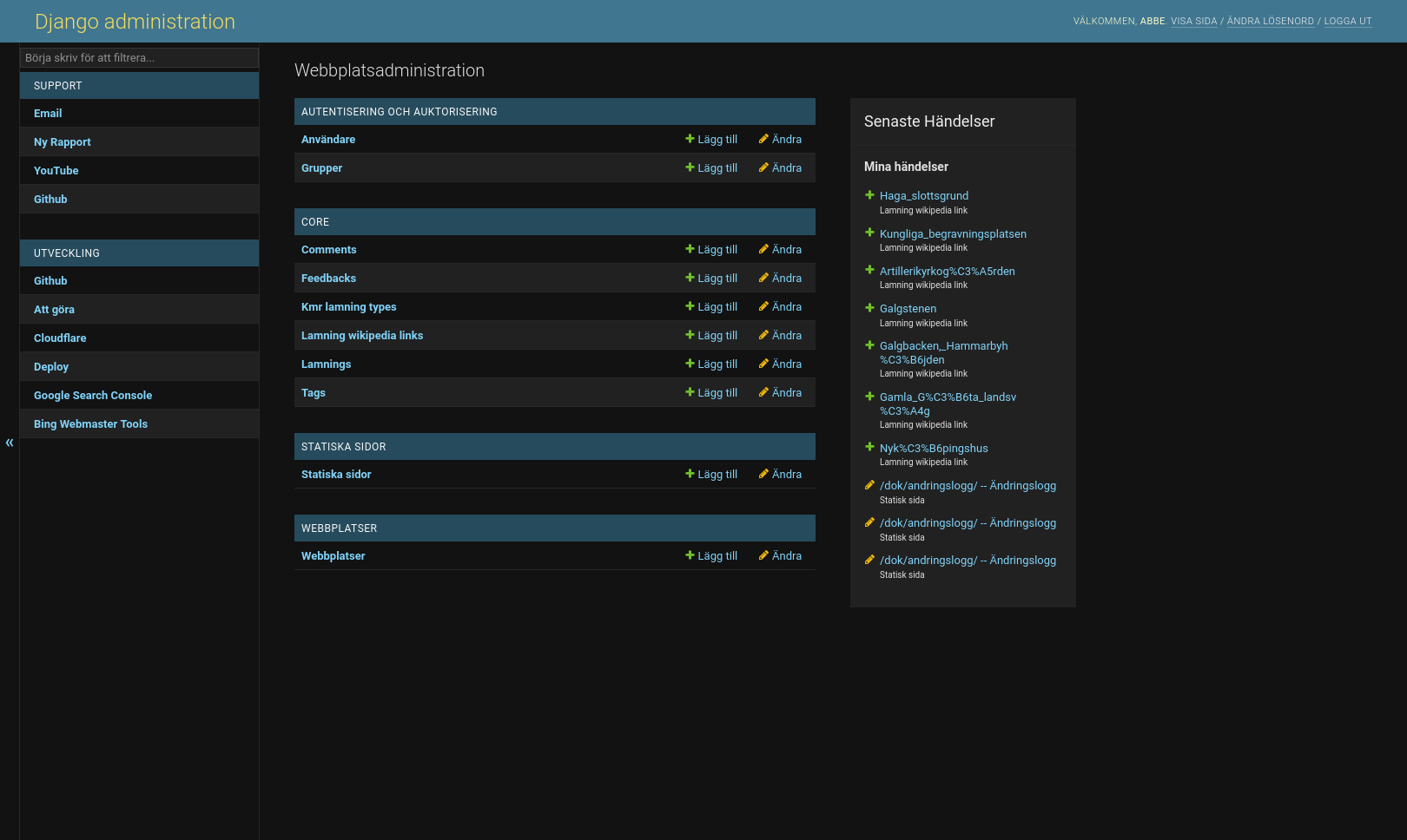 Screenshot of a sidebar with quick links on Django's admin index.