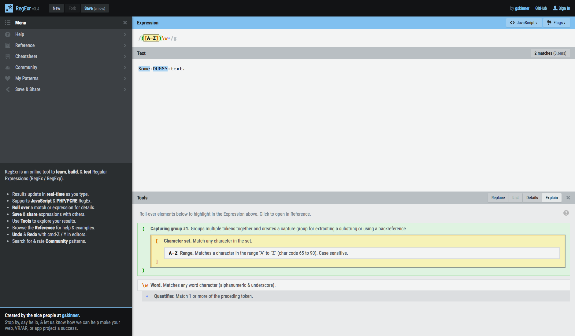 Screenshot of the RegExr tool.